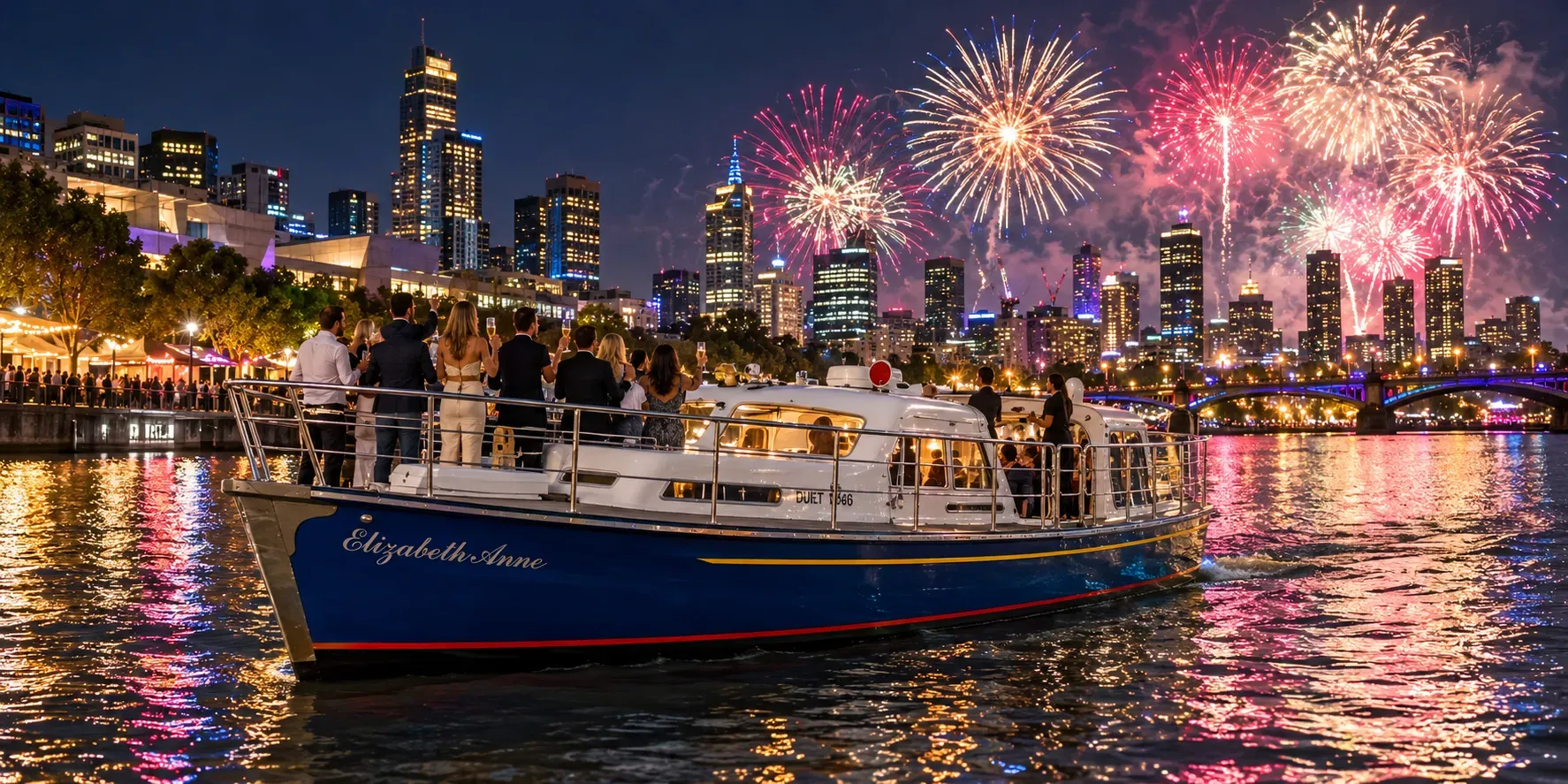 Elizabeth Anne on the Yarra at night, guests raising glasses on deck as New Year’s Eve fireworks burst over the Melbourne skyline