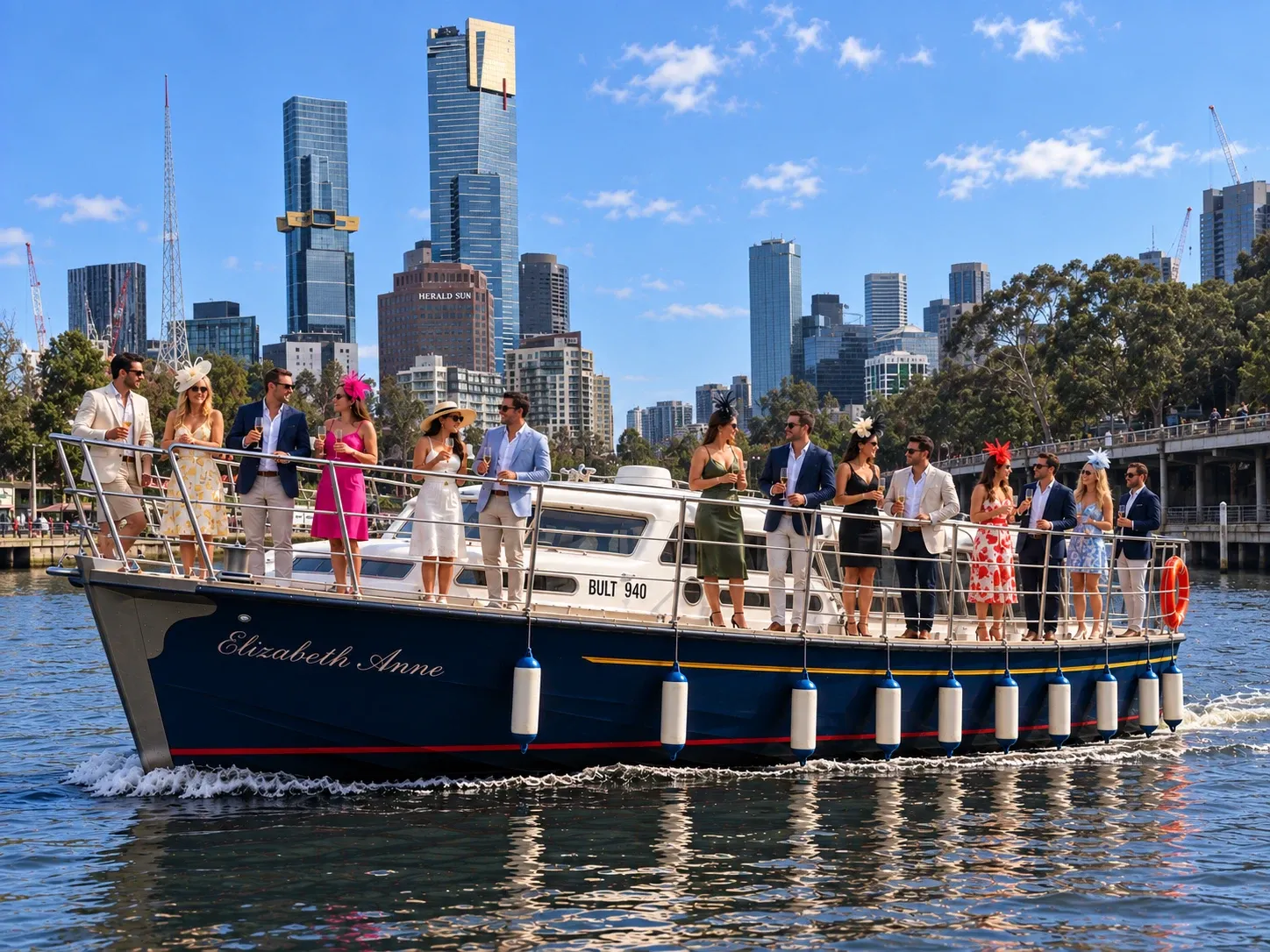 Racegoers in spring racing dress and fascinators aboard Elizabeth Anne on the Yarra, the Melbourne skyline behind